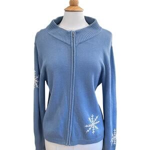 Light Blue Ramie Blend Zip Up Sweater Jacket White Embroidered Snowflakes, L